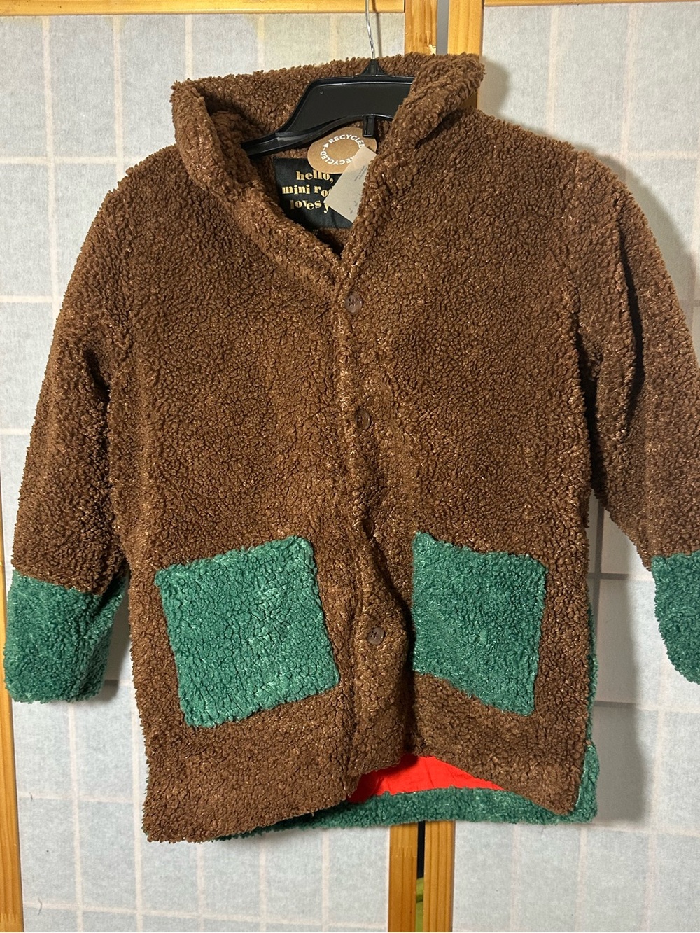 Nwt Mini rodini Kids Brown Sherpa Jacket with Green Pockets - Cozy Outerwear